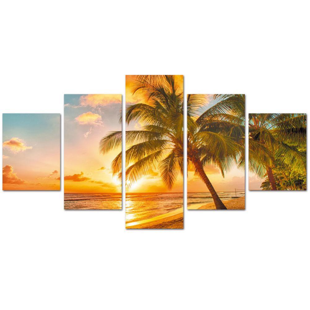 Sunset Seascape Beach Coconut Tree – Nature 5 Panel Canvas Art Wall ...