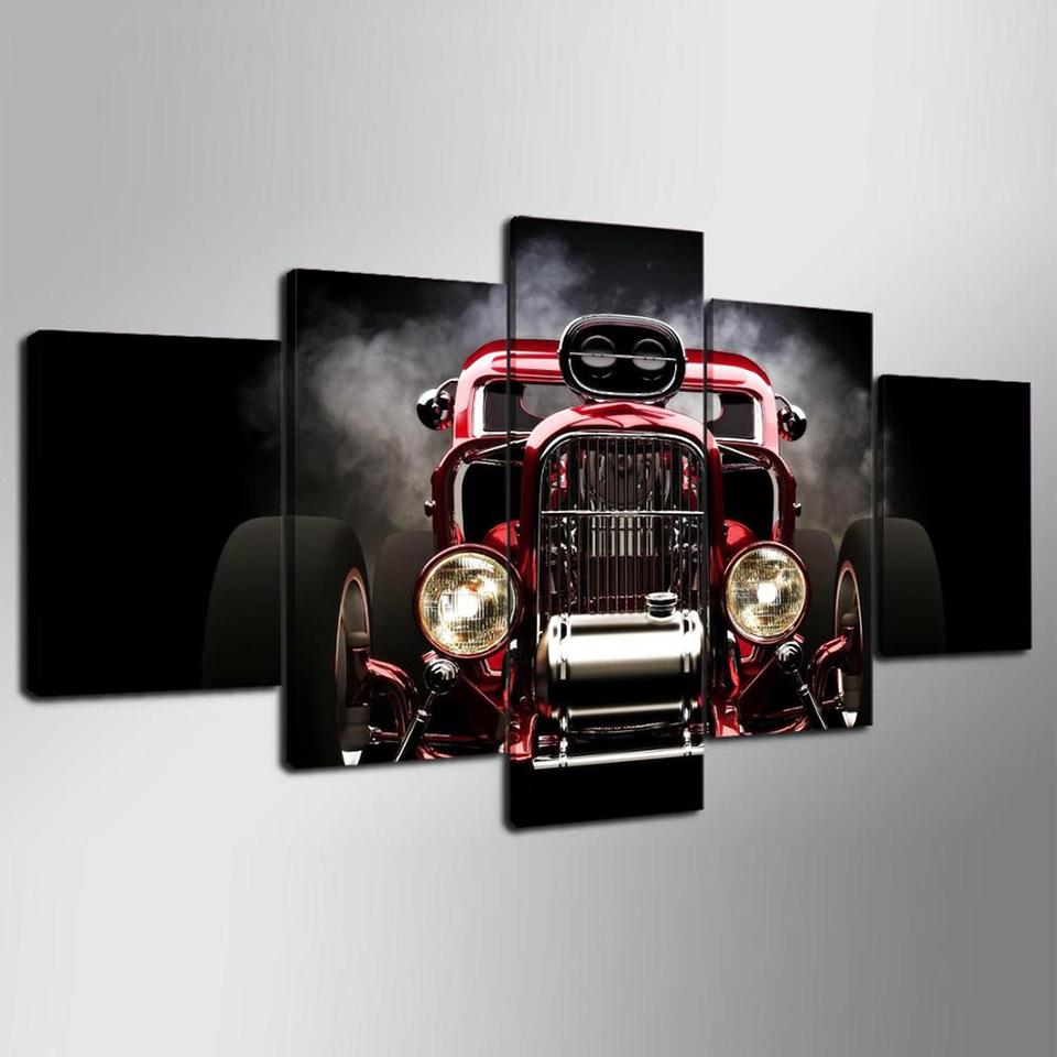 Red Car Vintage – Automative 5 Panel Canvas Art Wall Decor – Canvas Storm