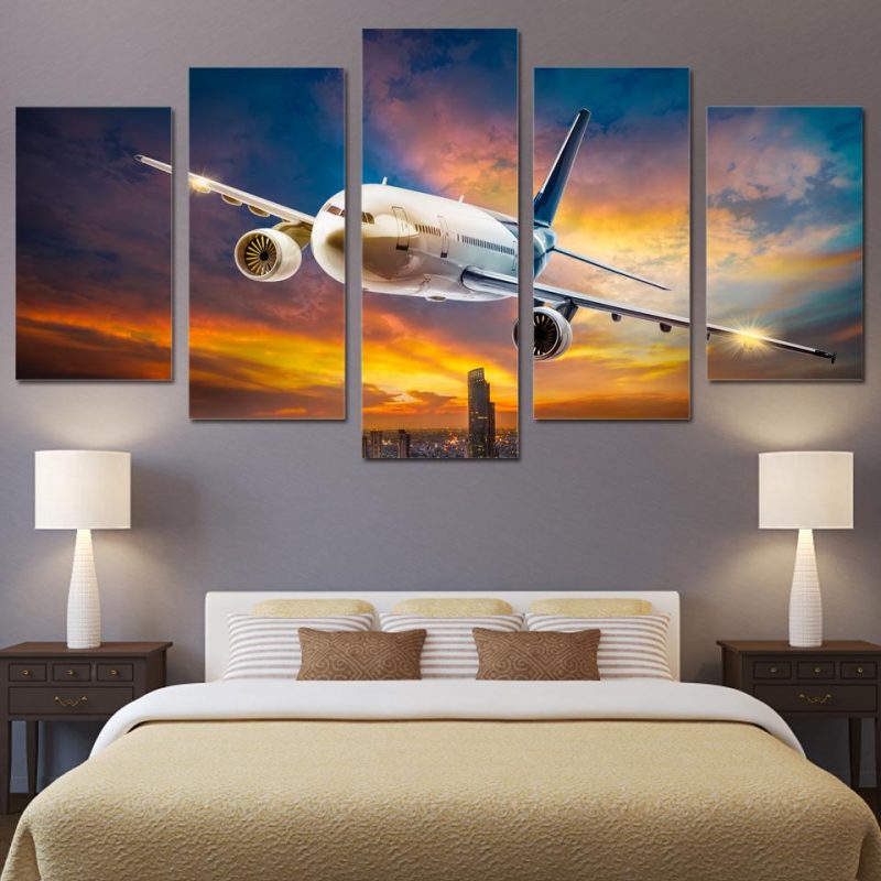 Plane Colorful Sky – Airplane 5 Panel Canvas Art Wall Decor – Canvas Storm