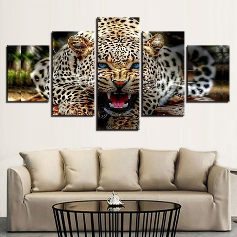 Ferocious Leopard – Animal 5 Panel Canvas Art Wall Decor – Canvas Storm