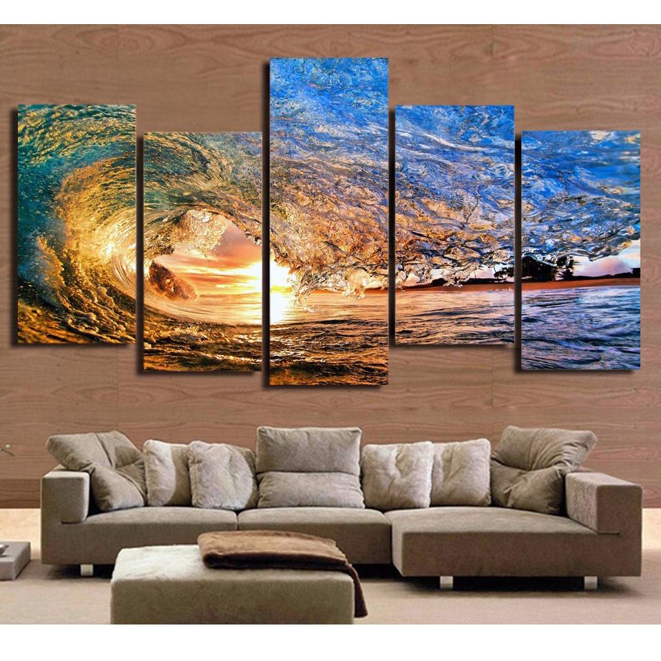 Ocean Sea Wave Sunset Seascape 2 Nature 5 Panel Canvas