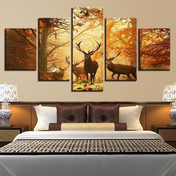 Woods Deer Animal 5 Panel Canvas Art Wall Decor – Canvas Storm