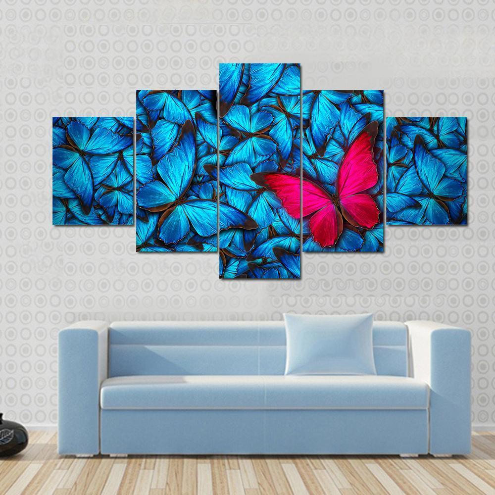 Pink Butterfly On Group Of Blue Butterfly – Animal 5 Panel Canvas Art ...