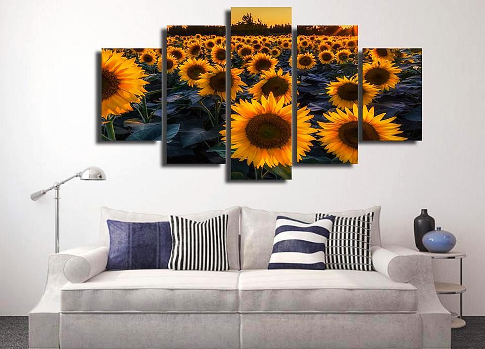 Sunflower Field In Evening- Nature 5 Panel Canvas Art Wall Decor ...