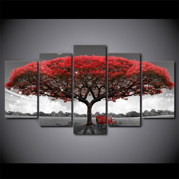 Black Red And White Tree 1 Nature 5 Panel Canvas Art Wall Decor Storm - Black White Red Tree Wall Art