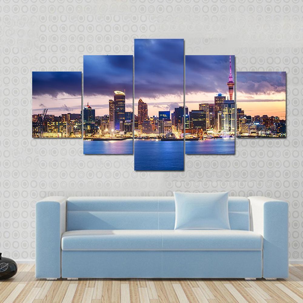 Skyline Of Auckland,New Zealand Nature 5 Panel Canvas