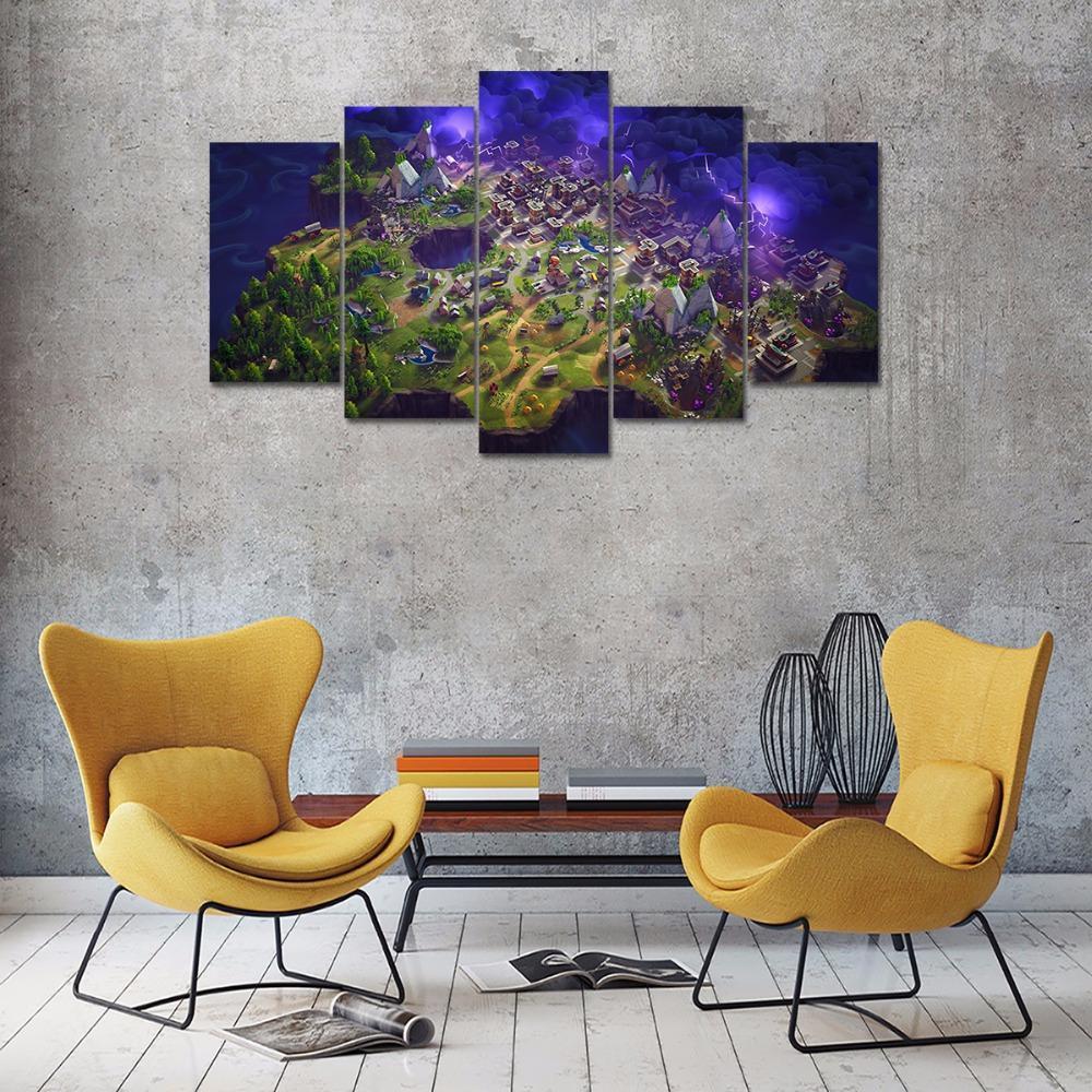 Fortnite Battle Royale Map Gaming – 5 Panel Canvas Art Wall Decor ...