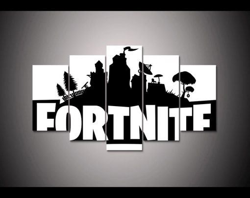 22621-NF Fortnite Battle Royale Black And White Logo Gaming - 5 Panel Canvas Art Wall Decor