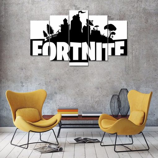 22621-NF Fortnite Battle Royale Black And White Logo Gaming - 5 Panel Canvas Art Wall Decor