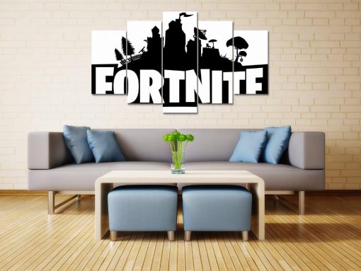 22621-NF Fortnite Battle Royale Black And White Logo Gaming - 5 Panel Canvas Art Wall Decor