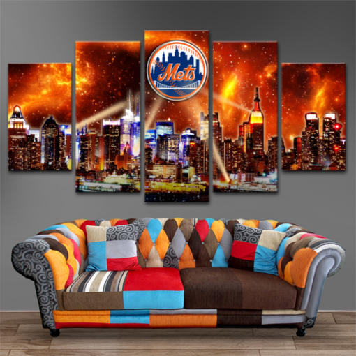 23116-NF New York Mets Galaxy City Logo Baseball - 5 Panel Canvas Art Wall Decor