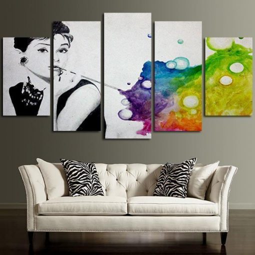 22799-NF Colorful Audrey Hepburn Breakfast At Tiffany’s Celebrity - 5 Panel Canvas Art Wall Decor