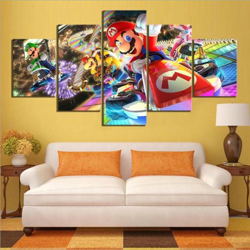 23208-NF Super Mario Driving Car Game - 5 Panel Canvas Art Wall Decor