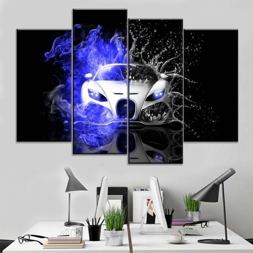 22840-NF Bugatti Veyron Blue Fire And Water Car - 5 Panel Canvas Art Wall Decor