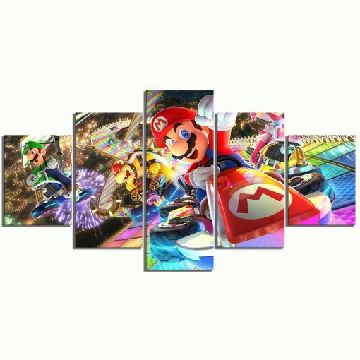 23208-NF Super Mario Driving Car Game - 5 Panel Canvas Art Wall Decor