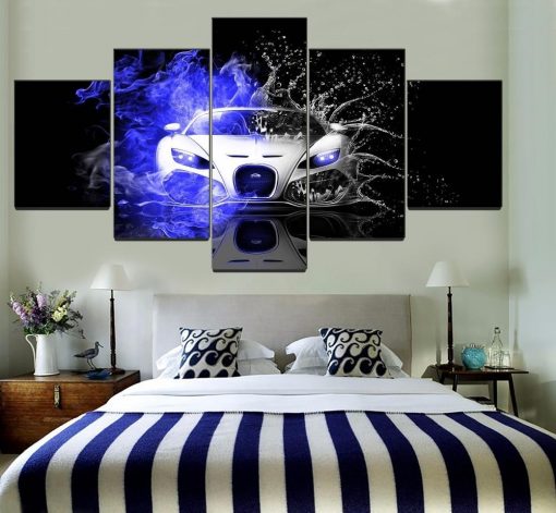 22840-NF Bugatti Veyron Blue Fire And Water Car - 5 Panel Canvas Art Wall Decor