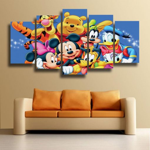 22554-NF Mickey Mouse Winnie The Pooh Piglet Tigger Donald Duck Cartoon - 5 Panel Canvas Art Wall Decor