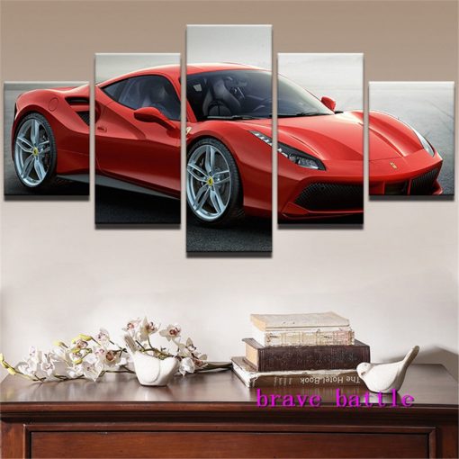 23191-NF Ferrari 488 GTB Red Car - 5 Panel Canvas Art Wall Decor