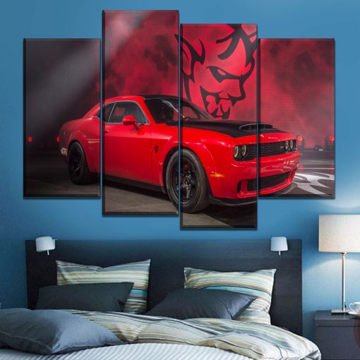 23154-NF Red Muscle Dodge Challenger Car 4 Pieces - 4 Panel Canvas Art Wall Decor