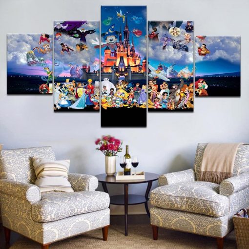 22330-NF Mickey Mouse Castle Cartoon - 5 Panel Canvas Art Wall Decor