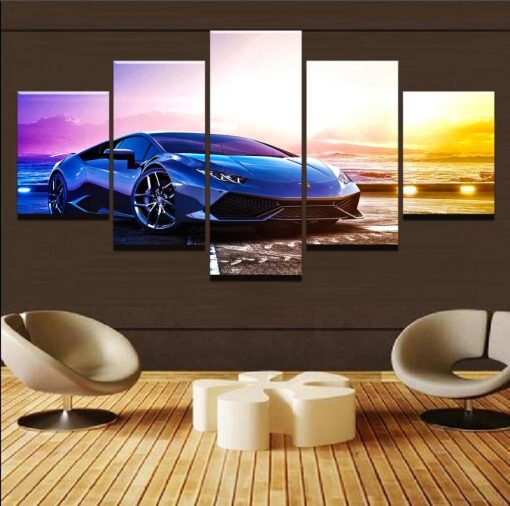 22841-NF BMW Blue Car At Sunset Car - 5 Panel Canvas Art Wall Decor