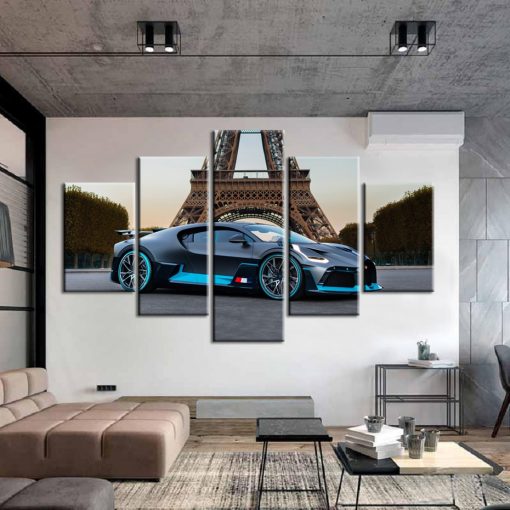 23096-NF Black Bugatti Divo In Paris Car - 5 Panel Canvas Art Wall Decor