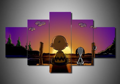 23066-NF Snoopy The Peanuts Gang In Christmas See The Sunset Cartoon - 5 Panel Canvas Art Wall Decor