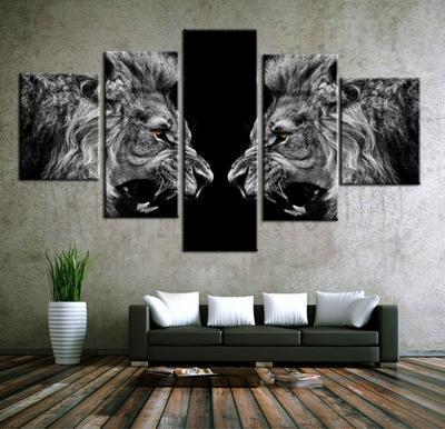 22777-NF A Roaring Brown Eyes Lions Black & White Abstract - 5 Panel Canvas Art Wall Decor