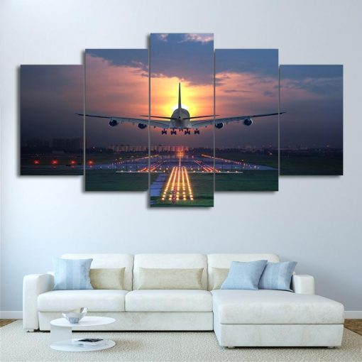 22527-NF Airplane 747 Aviation Landing Sunset Airport Airplane - 5 Panel Canvas Art Wall Decor