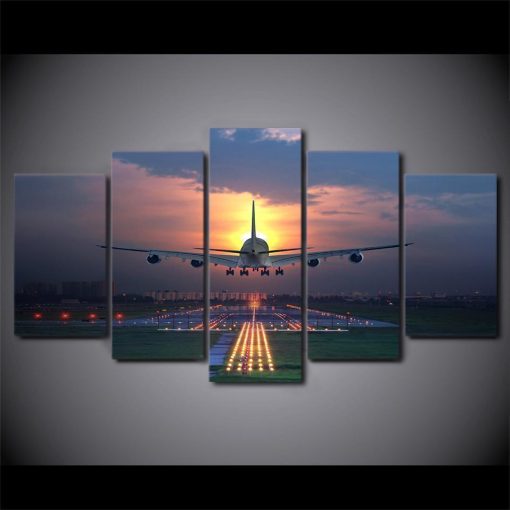 22527-NF Airplane 747 Aviation Landing Sunset Airport Airplane - 5 Panel Canvas Art Wall Decor