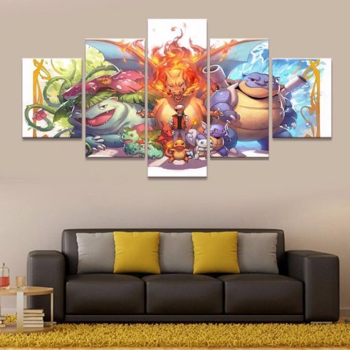 22406-NF Pokemon Ash Ketchum Bulbasaur Charmander Squirtle Anime - 5 Panel Canvas Art Wall Decor