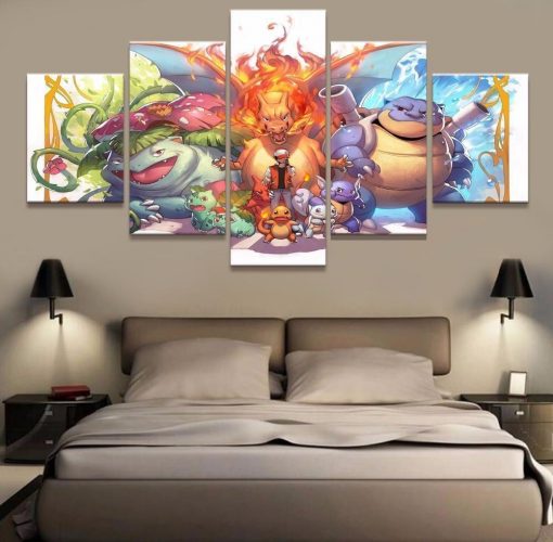 22406-NF Pokemon Ash Ketchum Bulbasaur Charmander Squirtle Anime - 5 Panel Canvas Art Wall Decor