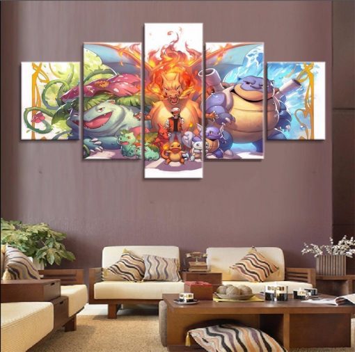 22406-NF Pokemon Ash Ketchum Bulbasaur Charmander Squirtle Anime - 5 Panel Canvas Art Wall Decor