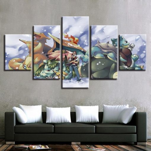 22930-NF Pokemon Ash Ketchum Pikachu Bulbasaur Charmander Squirtle Anime - 5 Panel Canvas Art Wall Decor