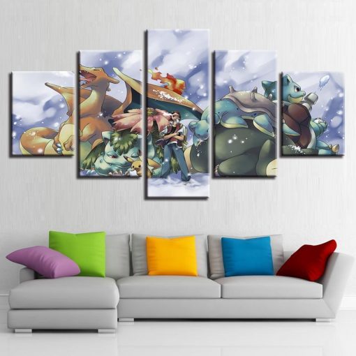 22930-NF Pokemon Ash Ketchum Pikachu Bulbasaur Charmander Squirtle Anime - 5 Panel Canvas Art Wall Decor