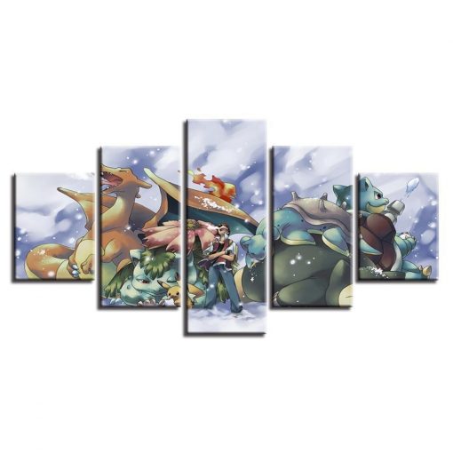 22930-NF Pokemon Ash Ketchum Pikachu Bulbasaur Charmander Squirtle Anime - 5 Panel Canvas Art Wall Decor