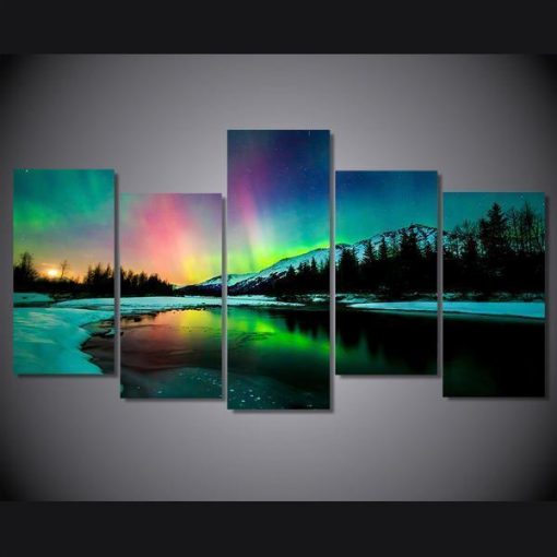 22343-NF Aurora Northern Lights Reflection Lake Mountain Landscape Nature - 5 Panel Canvas Art Wall Decor