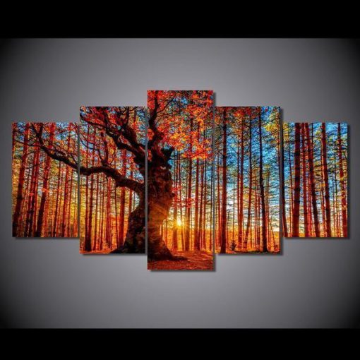 23041-NF Autumn Fall Forest Trees Foliage Nature - 5 Panel Canvas Art Wall Decor