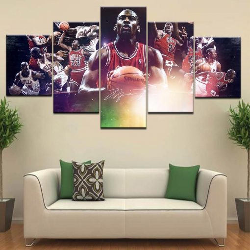 23581-NF Basketball Star Michael Jordan And Team Celebrity - 5 Panel Canvas Art Wall Decor