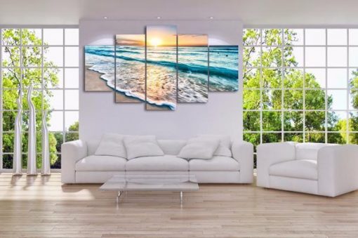 22769-NF Beach Rolling Wave Seascape And Sunset Nature And Ocean - 5 Panel Canvas Art Wall Decor