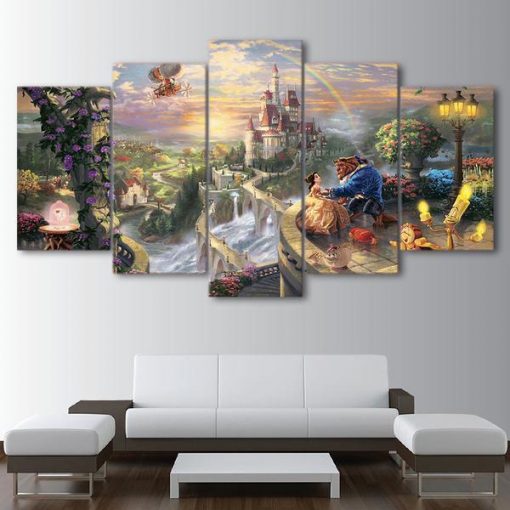 22253-NF Beauty And The Beast Castle Fairyland Cartoon - 5 Panel Canvas Art Wall Decor