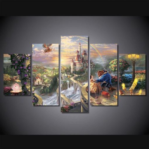 22253-NF Beauty And The Beast Castle Fairyland Cartoon - 5 Panel Canvas Art Wall Decor
