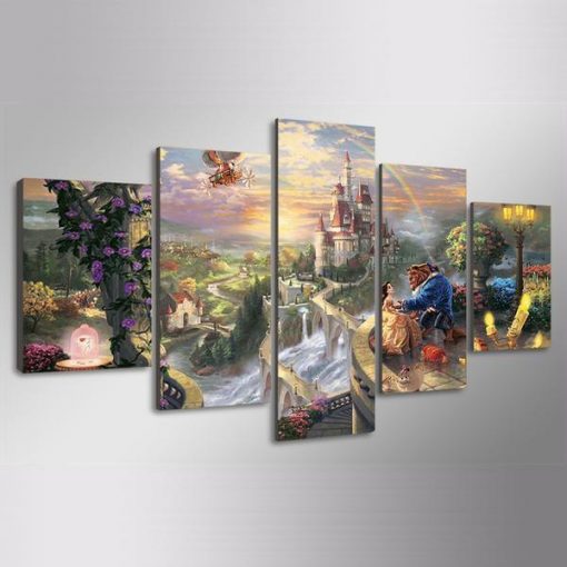 22253-NF Beauty And The Beast Castle Fairyland Cartoon - 5 Panel Canvas Art Wall Decor