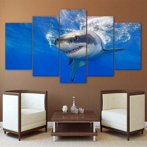 23029-NF Big White Shark Animal - 5 Panel Canvas Art Wall Decor