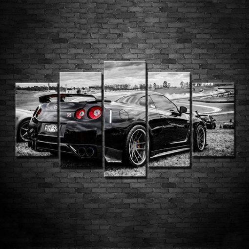 23023-NF Black Nissan GTR Sports Car & Motor - 5 Panel Canvas Art Wall Decor