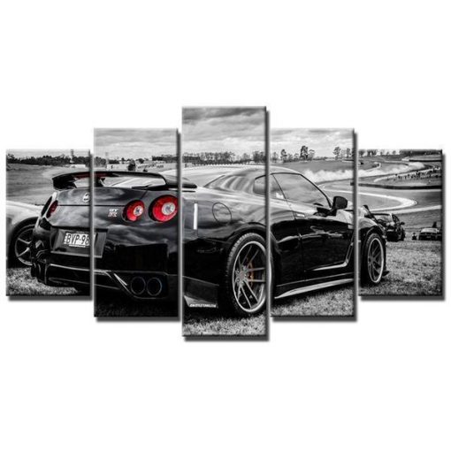 23023-NF Black Nissan GTR Sports Car & Motor - 5 Panel Canvas Art Wall Decor