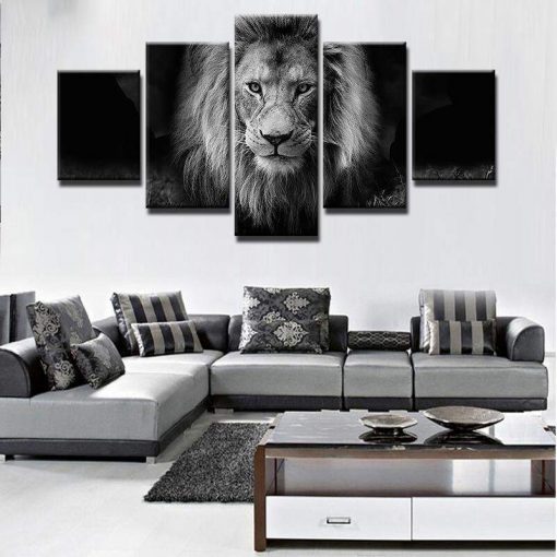 23026-NF Black-white Lion King Animal - 5 Panel Canvas Art Wall Decor