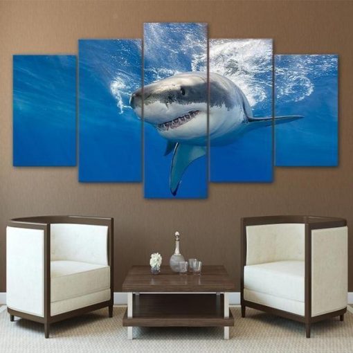 22457-NF Blue Ocean Huge Shark Animal - 5 Panel Canvas Art Wall Decor