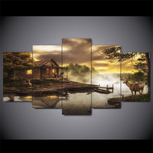 22456-NF Cabin On The Lake Deer Nature River Nature - 5 Panel Canvas Art Wall Decor