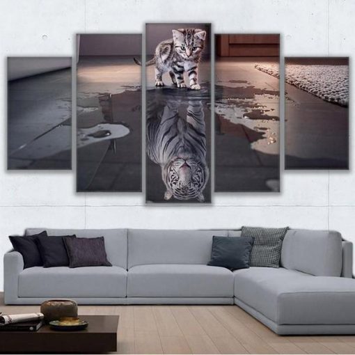 23014-NF Cat Kitty New Cuadros Tiger Reflection Animal - 5 Panel Canvas Art Wall Decor